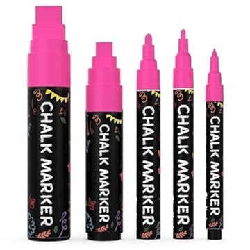 5 Pink Chalkboard Chalk Pens - Pink Dry Erase Markers for Blackboard, Chalkboard Signs, Windows, Glass | Variety Pack - Fine & Jumbo Size Ink Pen (1mm, 3mm, 6mm, 10mm, 15mm)
