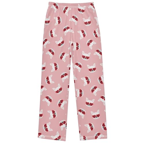 Boy's Pants Dogs Red Heart Sunglasses Pink Jogger Pants Elastic Waist Long Bottoms Trousers with Pockets 6-14 Years