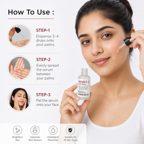 Image of Freeskin Vitamin C + E Face Serum with Ethyl Ascorbic Acid, Tocopheryl Acetate & Polyhydroxy Acid | Brightens & Illuminates Skin | Lightweight & Non-Sticky Formula | For All Skin Types | 30ml