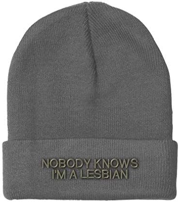 Beanies for Men Nobody Knows I'm A Lesbian LGBTQ Embroidery Humor Novelty Winter Hats for Women Acrylic Skull Cap 1 Size Light Grey Design Only
