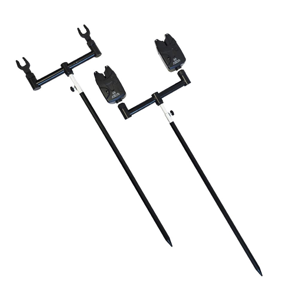 Ruten-Auflagen Set - 2 Teleskop Bank-Sticks 50-90 cm, 2 Buzzer-Bars, 2 Rutenhalter, 2 Bissanzeiger, Angelrutenhalter Set, Rutenauflage, Angelhalter, Angelrutenständer