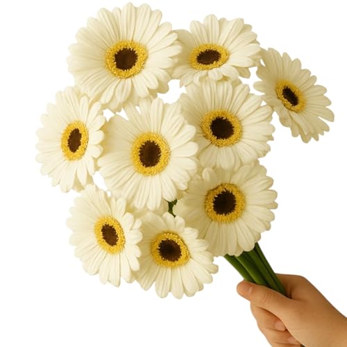 Image of Garden Art Artificial 5 Pcs Gerbera Flower Sticks, 33 cm, RealTouch Natural Looking | Silicone Decorative Bunch for Home GAAGFB-1H-33W (White)