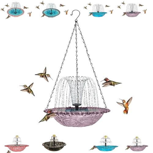 EHOTER - Fontaine à cascade solaire suspendue pour oiseaux avec abreuvoir extérieur, grands abreuvoirs pour colibris avec pompe solaire et bol en verre pour jardins extérieurs (Violet)
