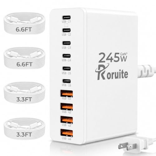 Image of USB C Charging Station 10 Port with 4 Cables,245W GaN Charger Block | Type C Wall Charger Power Strip Adapter Plug for iPad iPhone17 16 15 14 13 12 Pro Max Pixel Note Galaxy White