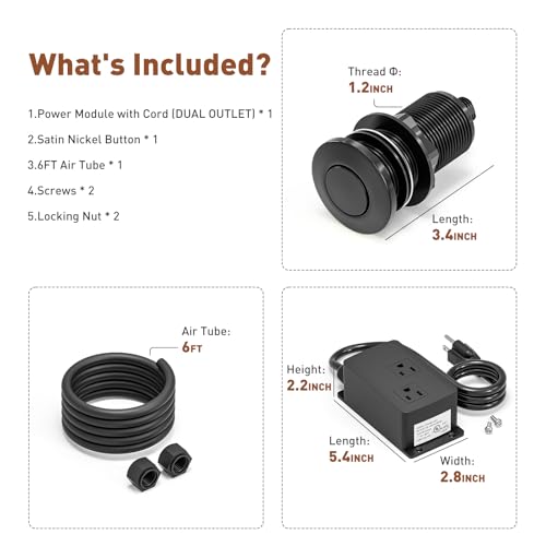 Image of Garbage Disposal Air Switch Kit Dual Outlet, Sink Top Button UL Listed | Waterproof Stainless Steel Countertop Button, Compatible for all Waste Disposer Models - Black