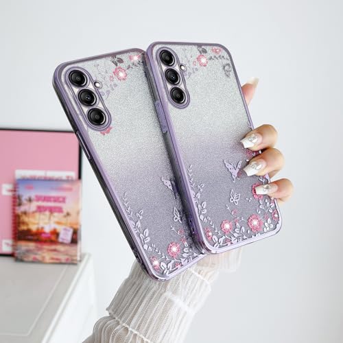 Image of for Samsung A14 5g Case, Galaxy A14 5g Case for Women Gradual Change Glitter Crystal Soft Butterfly Floral Heart Clear Protective Cover with Strap for Samsung Galaxy a14 5g (Purple)