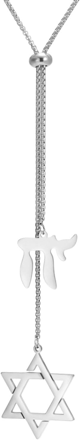 TEAMER Star of David Jewish Hebrew Chai Pendant Necklace Stainless Steel Sweater Chain Hexagram Judaism Jewelry For Women