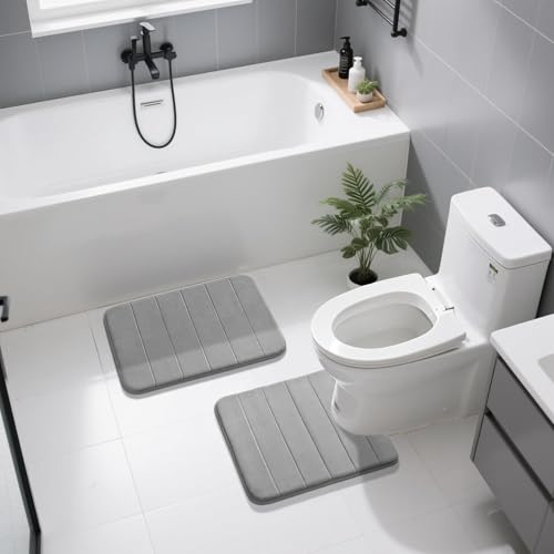 Image of Yimobra U-Shaped Toilet Bath Mat Set 2 Piece - Super Soft Absorbent Quick Dry Memory Foam Bathroom Rugs, Machine Washable Non Slip Floor Carpet for Tub Shower & Single Sink (17x24 & 24x20, Gray)