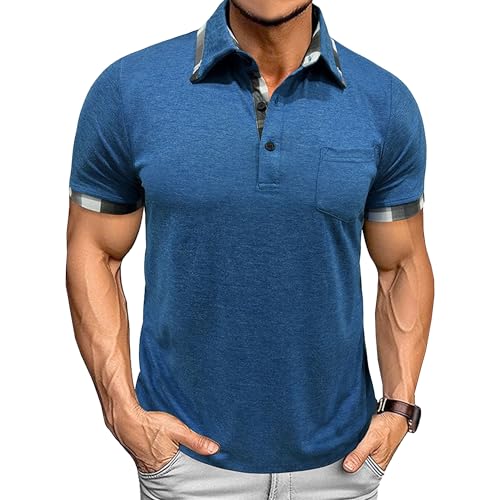 Maiyifu-GJ Men's Stylish Checkered Collar Henley Shirts Summer Lightweight Tees Pocket Casual Business Tops (Blue,3X-Large)