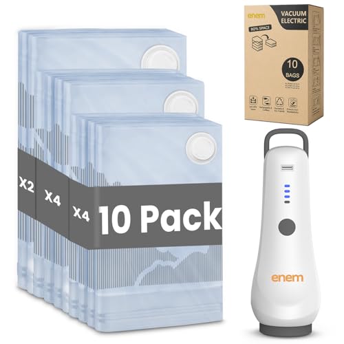Image of Enem Vacuum Bags For Clothes With Portable Pump | Pack of 10 (2 Large, 4 Medium, 4 Small) | Travel Vacuum Bags For Clothes | Wardrobe Organizer For Storage, 1 year Warranty from Enem