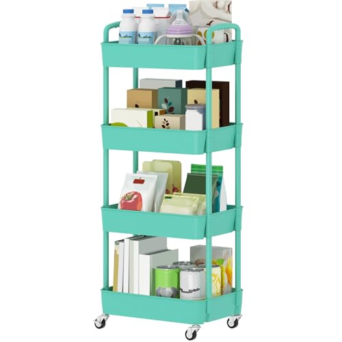 Image of Sywhitta 4-Tier Plastic Rolling Utility Cart with Wheels for Storage,Green | Multi-Functional Storage Trolley, for Office, Living Room, Kitchen, Bathroom,Movable Organizer,Space-Saving,Easy to assemble