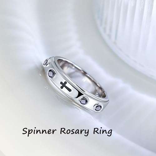 LYTTMAB 6MM Sterling S925 Silver Rosary Spinner Ring For Men, Finger Decade Rosary Ring For Women, Catholic Anxiety Fidget Ring2