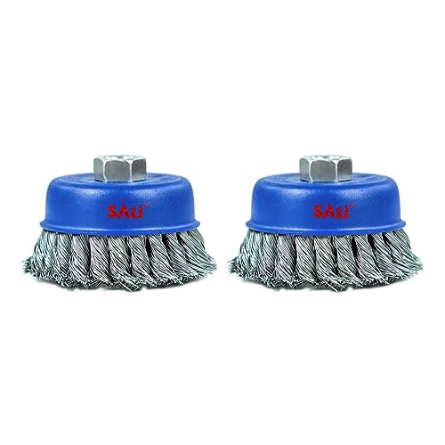 SALI 2 Pack Wire Cup Brush, 4 Inch Twisted Knotted Cup Brush for Grinders, with 5/8-11 Inch Arbor for Heavy Cleaning Rust, Stripping and Abrasive, for Angle Grinder