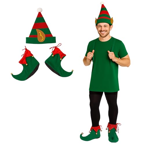FNA FASHIONS Unisex Adult Elf Hats & Shoe Covers | Christmas Hat and Jingle Bell Shoes | Santa’s Helper Fancy Dress Costume Accessories for Men & Women (Elf Hat & Shoe Covers)