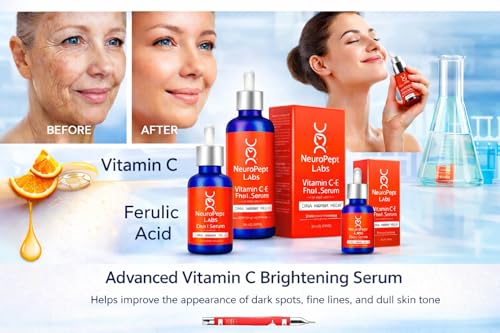 NEUROPEPTLABS NeuroPept Labs Vitamin C Face Serum with Ferulic Acid & Hyaluronic Acid Brightening Anti-Aging Serum for Dark Spots & Fine Lines 1 oz