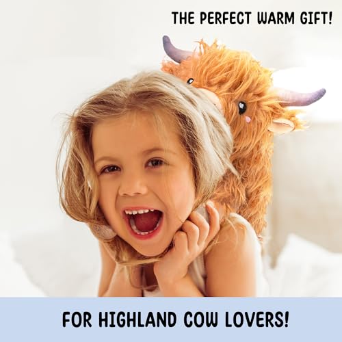 Image of Happy Fuel Highland Cow Microwavable 1.5lbs Unscented Heating Pad for Women & Kids- Cute Soft Cozy Pillow Plush Heatable Warm Stuffed Animals- Kawaii Hot & Cold Plushie Toy- Cow Gifts for Girls & Boys