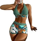 ZERAOKE Women's Paneled Printed Split Boxer High Waist Swimsuit Two-Piece Set Beach Bikini Swimwear-Dark Green-L
