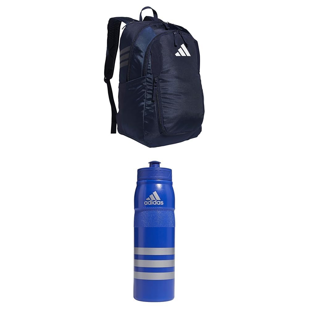 adidas Stadium Team Sports Backpack (36L) + 750 ml (28 oz) Refillable Plastic Sport Water Bottle, Navy Blue 2 + Blue/Silver Metallic, One Size