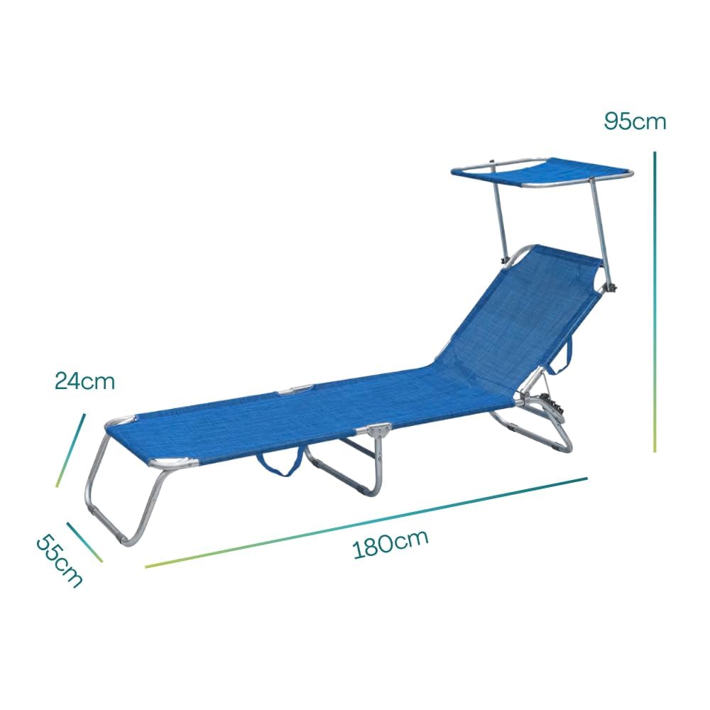 PALUPLUS Lettino Prendisole Pieghevole con Tetto Parasole con BORSA Portalettino, Misura 180x55x90 cm, Tessuto Textilene, Struttura Metallo Tubolare da 18mm, Peso Max 120kg -9301F (Blu)