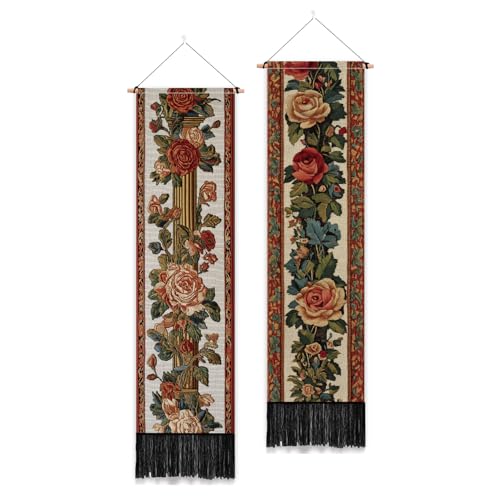 PLIGREAT 2 Pack Vintage Floral Tapestry with Tassels, 52" x 13" Rose Border Vine Aesthetic Wall Hanging Vertical Home Art Tapestry for Bedroom Living Room Bathroom Long Narrow Wall Hanging Art Decor