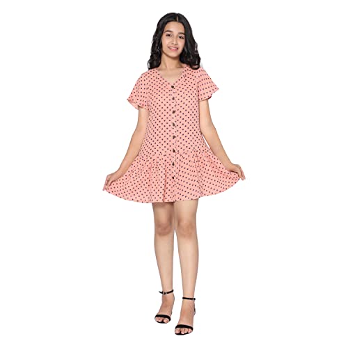 Image of TeenTrums Cotton Mini Dress for Girls, Polka Dot Print Midi Casual Dress, Short One Piece A-Line Midi Dresses for Girls, Short Sleeve Girls Dress Pink
