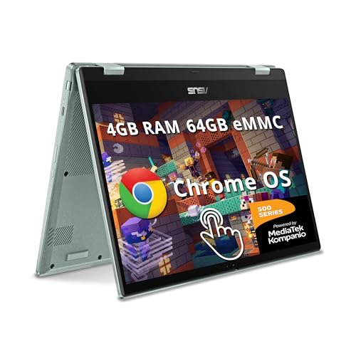 ASUS Chromebook Flip 14" FHD Touchscreen Laptop, MediaTek Kompanio 520, 4GB LPDDR4X, 64GB eMMC, MediaTek Integrated Graphics, 720p HD Webcam, WiFi 6, Long Battery Life, Chrome OS, Gray Green (Renewed)