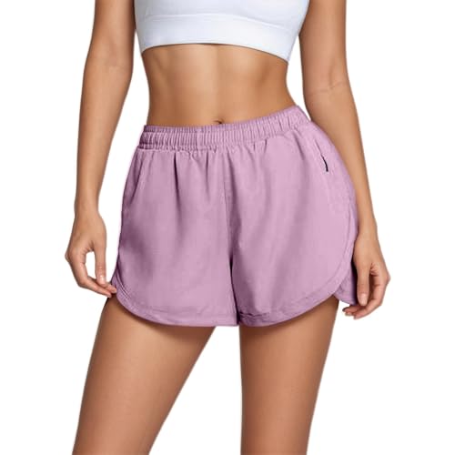 Pantalones Cortos Deportivos 2 En 1 Mujer Verano Pantalones Cortos De Deporte Para Mujer Con Bolsillo De Verano Mallas Ligero Transpirable Forro Interior Short Running Cintura Alta (Light Purple-1, S)