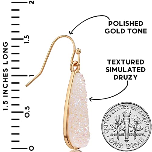 Humble Chic Simulated Druzy Drop Dangles - Sparkly Long Teardrop Dangly Earrings For Women, Gold - White Created Opal, Simulated Clear Rock Quartz, Opalite, Opalescent, Bohemian #TOP3
