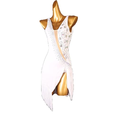JRUIA Turnierkleider Für Lateinamerikanische Tänze Fransen Für Damen Ärmelloser Ballsaal Salsa Tanz Outfit Hohle Tango Samba Kostüme Cha-Cha Performance Rock Mit Strasssteinen,Weiß,S Cover