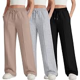 LessonZoo 3 Pack Girls Wide Leg Sweatpants Drawstring Baggy Pants Teen Girls Athletic Joggers Pants with Pockets 5-14Y(Khaki, Light Heather Gray, Black,11-12 Years)