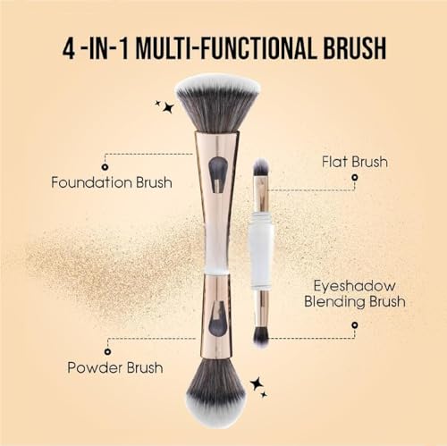 Image of 4 in 1Multifunctional Travel Makeup Brush Set with Foundation Brush, Powder Brush, Eyeshadow Blending Brush and Flat Brush | Feathery Soft Bristle Makeup Brushes Set for Women