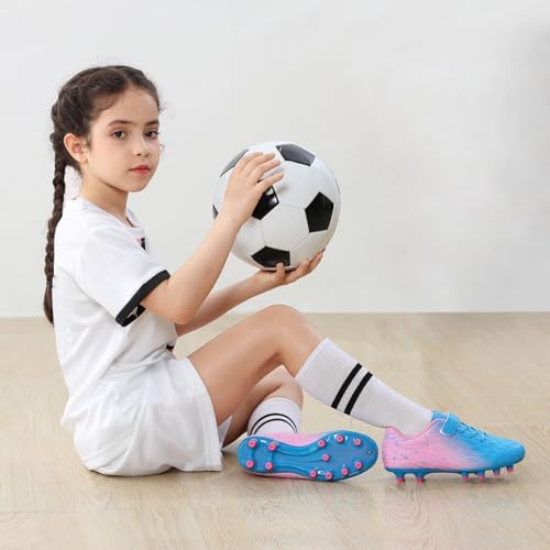 brooman Kids Firm Ground Soccer Cleats Girls Boys Athletic Football Shoes (8 JA,Blue Pink)