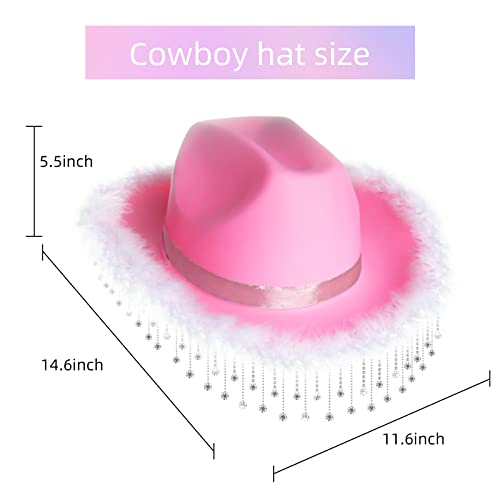 Justotry Pink Cowgirl Hat For Women With Rhinestone Fringe Feathers And Wide Brime Cowboy Hats For Girl Dress Up Disco Party #TOP4