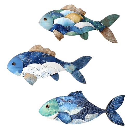 Kisstta 3 stuks wanddecoratie houten vis set, blauw houten vis badkamerdecoratie, zelfklevende maritieme strand wanddecoratie hout voor woonkamer, slaapkamer, vakantiehuis (Blauw 1)