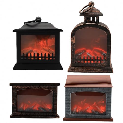 Image of Small Cozy Fireplace Lantern Traditional Realistic Log Wood Burning Flame Effect Ligh LED Charcoal Style Table LampFor Indoor & Outdoor Use
