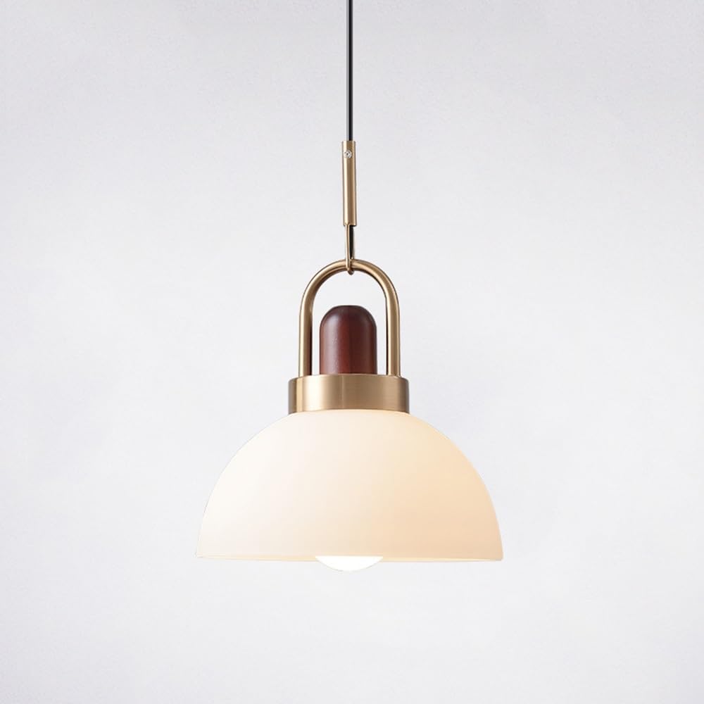 ITOSUI Mid-Century Modern Pendant Light Gold Metal Wood 11.8-Inch Dome White Glass Shade Hanging Ceiling Lamp for Kitchen Island Dining Room Bedside 78.7" Adjustable Cord E26 Base Fixture(25cm)