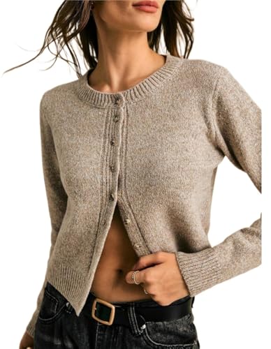 Womens Long Sleeve Crewneck Single-Breasted Casual Short Knit Cropped Cardigan Short Sweater Jacket Coat Fall Clothes
