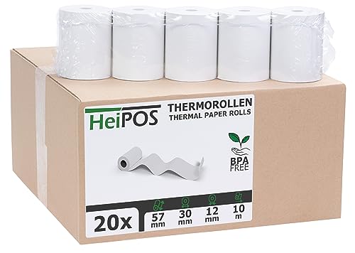 HeiGroup HeiPOS - 20x Kassenrollen Thermorollen - 57 mm x 10 m x 12 mm - 55 g/m² Papier - Für EC-Cash, Kreditkarten Kassensysteme und mehr