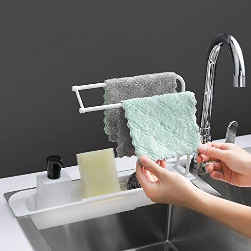 BESSKY Sink Basket with Towel Rack Hanging Holder Shelf Organizer for Bathroom Kitchen Cabinet Cupboard Hanger Household Easy Installation Space Saving (39.5x27x8.5cm/15.55"X10.63"X3.35", White)
