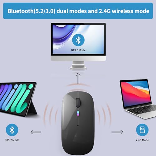 Image of Wireless Bluetooth Mouse, Rechargeable, LED, Silent, Ultra-thin Design (Bluetooth 5.2 and 2.4GHz USB Receiver) | Portable Computer Mouse for Laptops, iPads, MacBooks and Apple Devices (Grey)