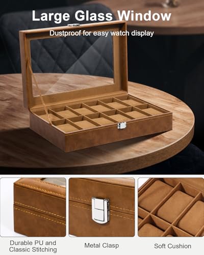 Image of Uten 12-Slot Watch Box, PU Leather Watch Case with Glass Lid, Brown | Watch Jewelry Storage Organizer Display with Velvet Lining, fits Watch Size up to 48mm, Gift for Men and Women, Birthday