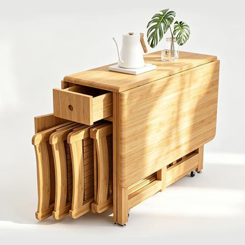 5-Piece Folding Dining Table Set, Saving Space Extendable Drop Leaf Table, Movable Bamboo Dinette with 4 Chairs and Wheels for Kitchen, Dining and Living Room (Natural) (Table & 4 Chairs)
