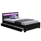 LED Leder Bett Amsterdam SCHWARZ modernes Bett mit LED-Beleuchtung + inklusive Lattenrahmen / Lattenrost + mit praktischer Bettkasten / Schubladen Stauraum Polsterbett Jugendbett günstig (180x200 cm)