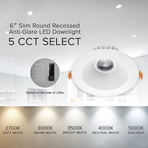 Maxxima 6 In. Ultra-Thin Recessed Anti-Glare Led Downlight, Canless Ic Rated, 1300 Lumens, 5 Color Temperature Selectable 2700K/3000K/3500K/4000K/5000K, Dimmable, 90 Cri, 5 Cct Slim, J-Box Included #TOP5
