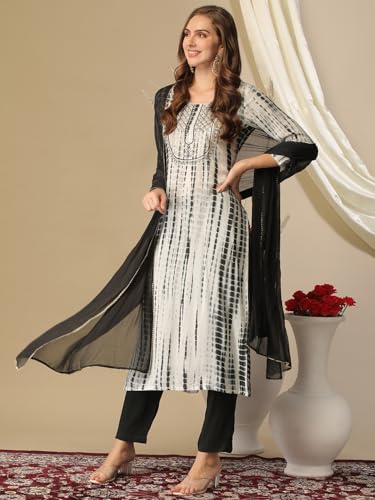 Image of GoSriKi Women's Rayon Blend Straight Printed Kurta with Pant & Dupatta
