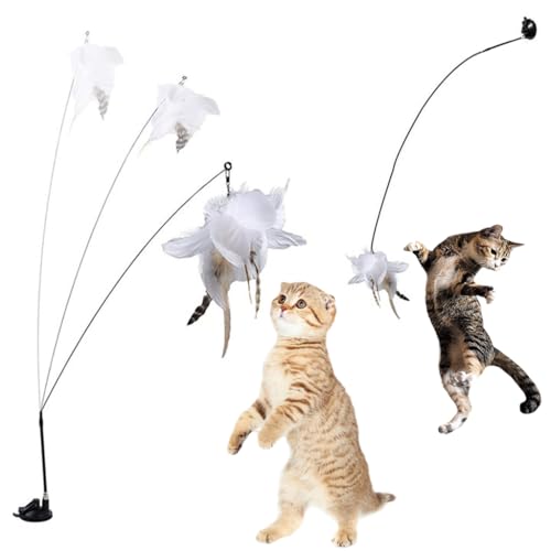 Image of Qpets Cat Teaser Wand Feather Suction Cup Interactive Indoor Felines | Interactive Play, Helps Engage Indoor Cats, Feather Attachment, Suction Cup Base, Flexible Wand