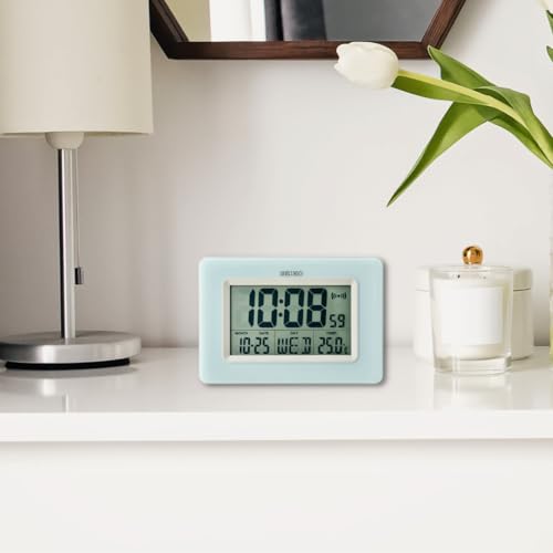 Image of Seiko Elegant Rectangle Plastic Beep Digital Alarm Table Clock with Day, Date, Month & Temperature Display (Size: 10 x 1.8 x 7 CM | Weight: 300 gram | Color: Blue)