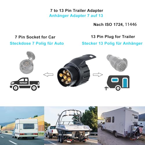 BEIJISTAR Anhänger Adapter 7 auf 13 polig, nach ISO 1724 und 11446 Genormt, AHK für 12V Systeme, 7 Poliger Auto Steckdose zu 13 Poliger Anhänger Stecker, Adapter für Pkw, Kfz und LKW, Anhängerkupplung