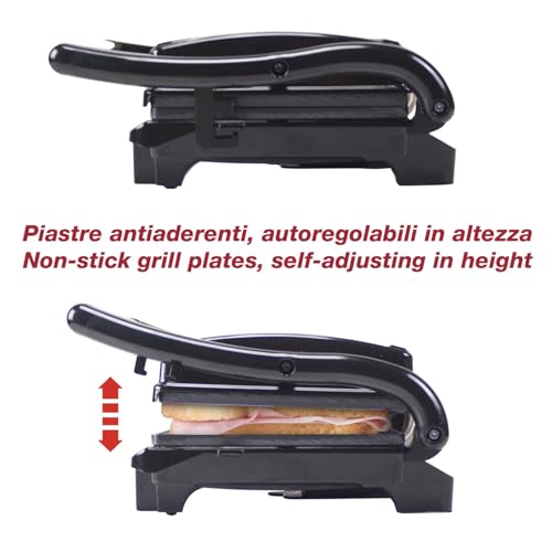 BEPER P101TOS003 Kompakter Elektrogrill, Antihaft-Platte, Toaster, Sandwiches, Fleisch, Gemüse – Selbstjustierende Platten, wärmeisolierter Griff und integrierte Kabelaufwicklung
