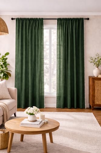 Image of THE LINEN COMPANY Window Curtains Sheer Cotton Curtains with Pom Pom Lace Rod Pocket Transparent Net Curtains for Window Curtains Door Curtains Sea Green 7.5 Ft Pack of 2